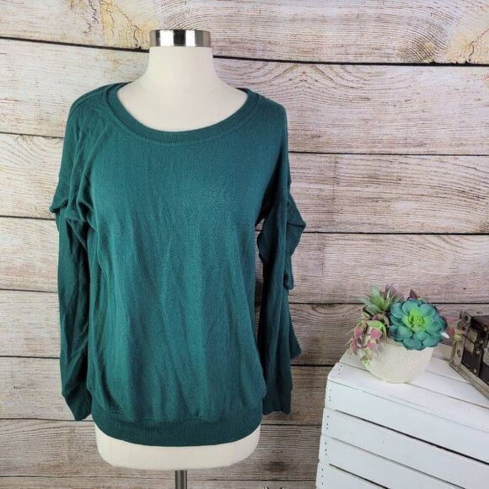 Harlowe & Graham Womens Ruffle Sleeve Pullover Sweater Emerald Green Size Medium